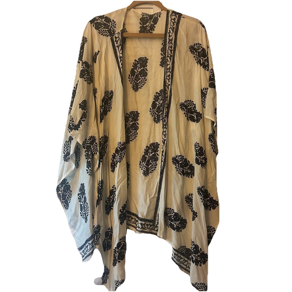 Women Cream w/ Black Boho Print Summer Beach Kimono Swimwear Cover Ups Medium